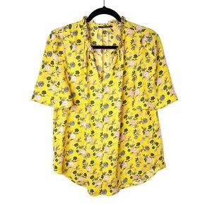 T Tahari Floral Blouse Flutter Sleeve Pleated Collar Career Top Yellow Size M